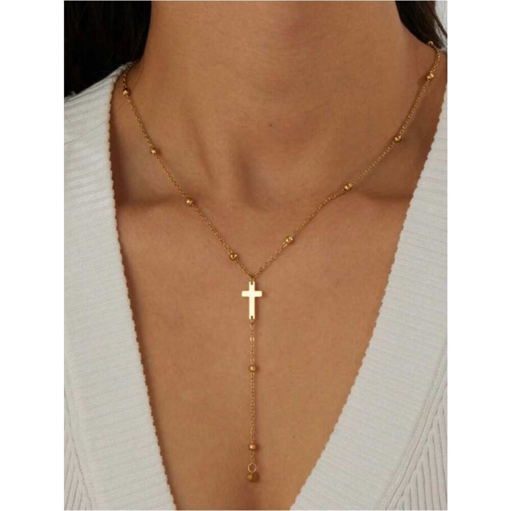 Gold Cross Lariat Necklace S1326